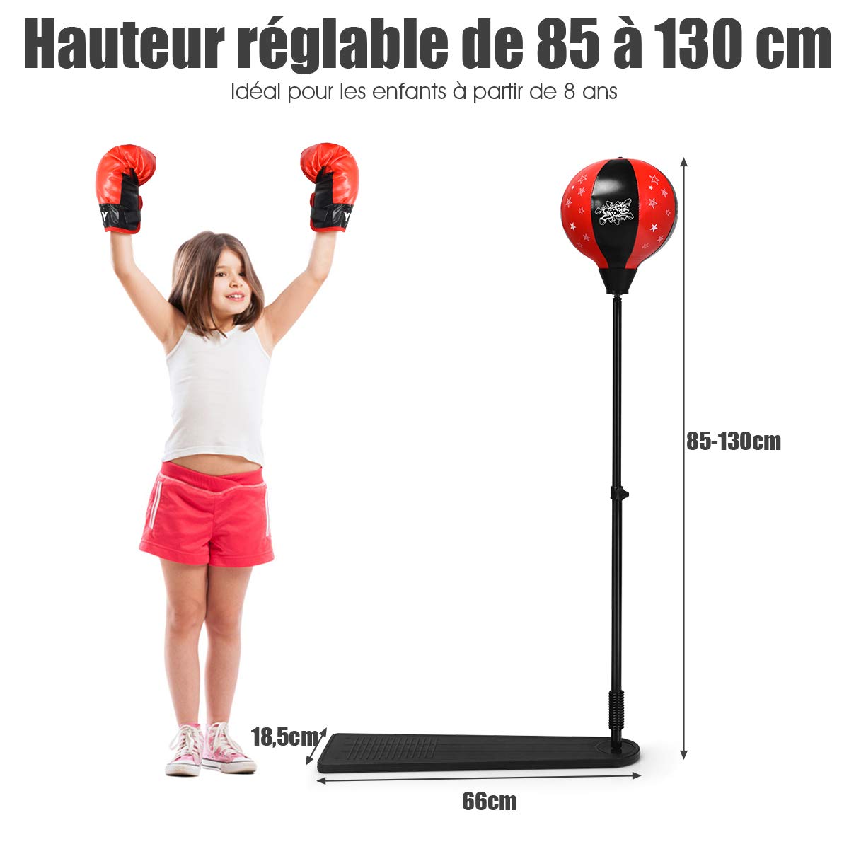 GYMAX Punching Ball pour Enfants 85-130cm Réglable en Hauteur, Sac de Frappe sur Pied avec Gants de Boxe & Pompe à Main
