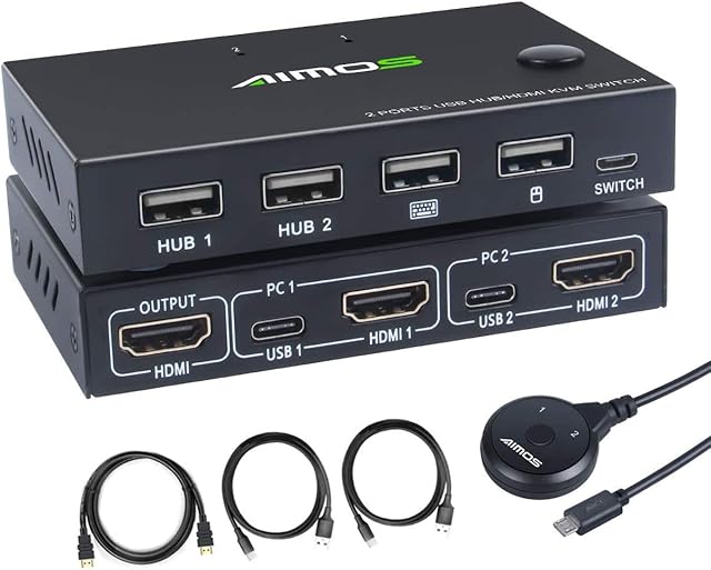 AIMOS KVM Switch, USB Switch 4K HDMI Switcher Box 2 In 1 Out For 2 Computers Share Keyboard And Mouse Support 4K@30Hz, Not support Hotkey, With HUB Ports