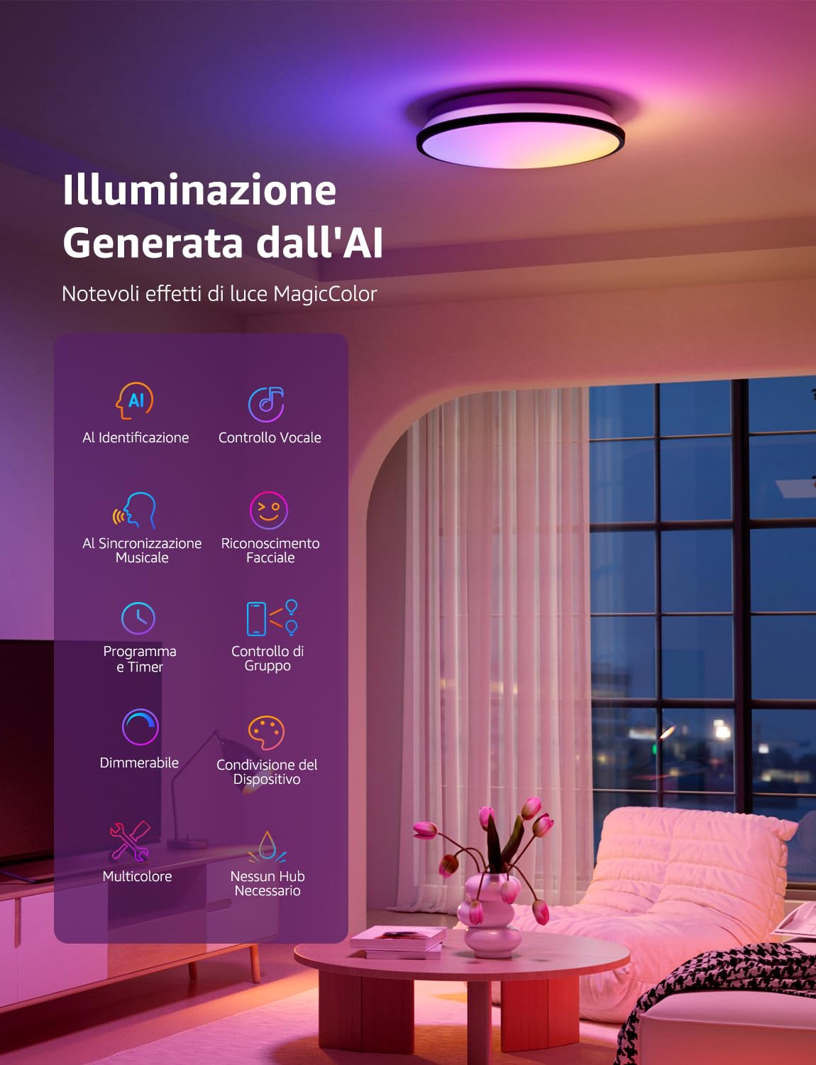 Lepro T1 AI Plafoniera LED Smart, 1800LM 24W IP44 Impermeabile | Progettista Illuminazione AI Personalizzato, Funziona con Alexa/Google Assistant, Connessione Wi-Fi/Bluetooth, Sync Musicale