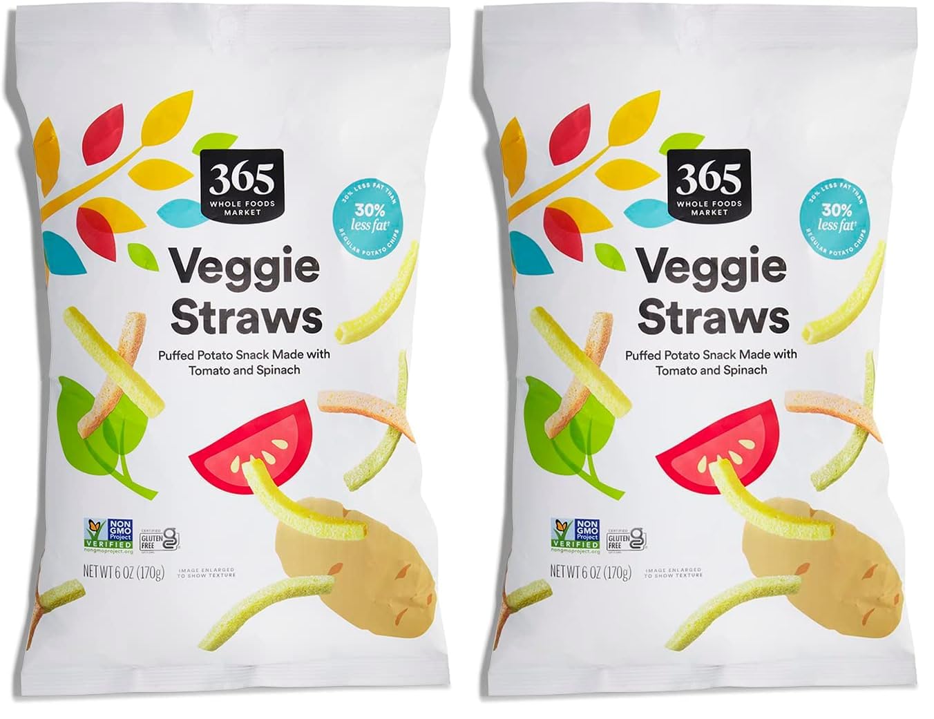 365 by Whole Foods Market,Veggie Straws,Made with Tomato and Spinach,Vegan,Gluten-Free,6 Ounce,(Pack of 2)