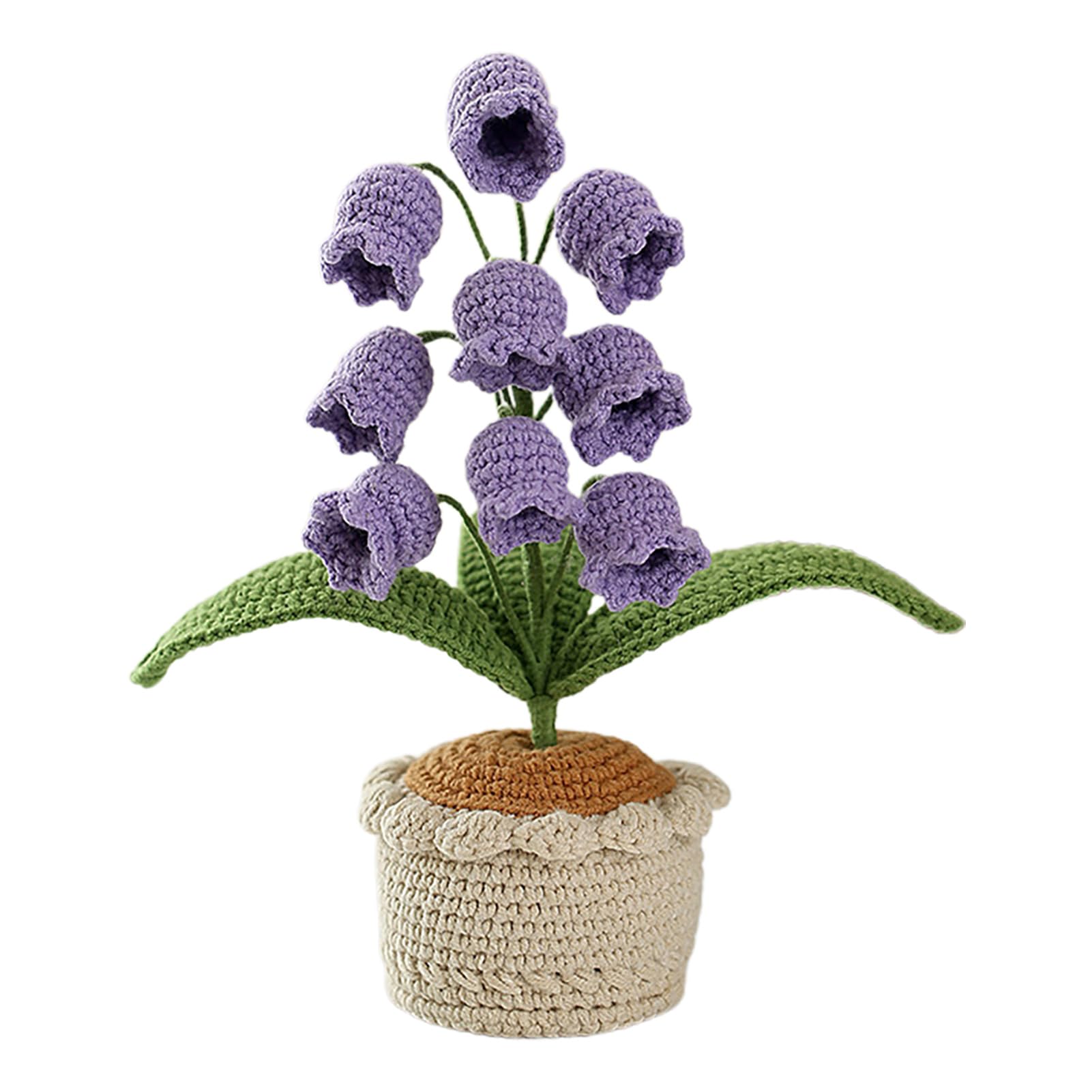 Pcscevcr Crochet Lilies of The Valley Potted, 20 cm Knitted Artificial Flowers Small Bonsai Plants, Gifts to Mother Kids, for Home Office Table Decor (Purple)