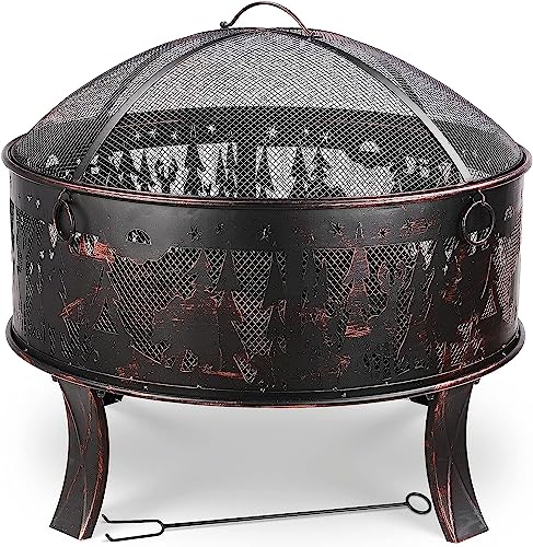 Feuerschalen, Feuerschale mit Funkenschutz, Feuerschale Garten Ø71x65cm, inkl. Poker & Kohlerost, Feuerkorb Retro-Look, Feuerstelle für Garten Camping Strand - Exquisites Elchmuster – Bild 6