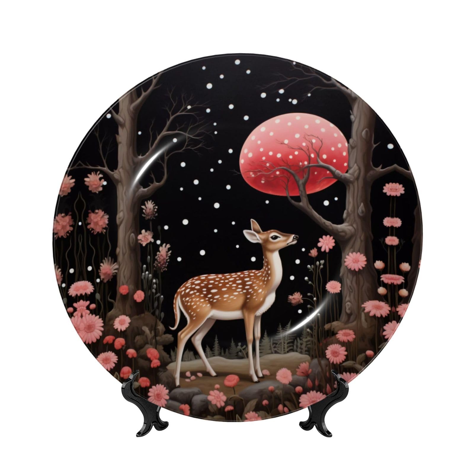 SXZVVBN Lost Deer in the Flowers Bone China Decorative Plate Art with Stand Removable Adhesive Hanging for Home Office 7in
