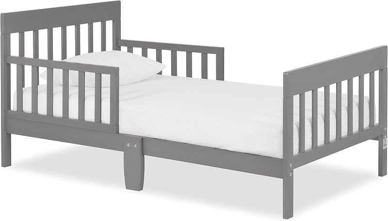 Dream On Me Finn Toddler Bed, GREENGUARD Gold, Pinewood, Steel Grey | Low to Floor Bed, 2 Safety Guard Rails, Slatted Wooden Headboard & Footboard 50 Lb Limit, BSA Verified