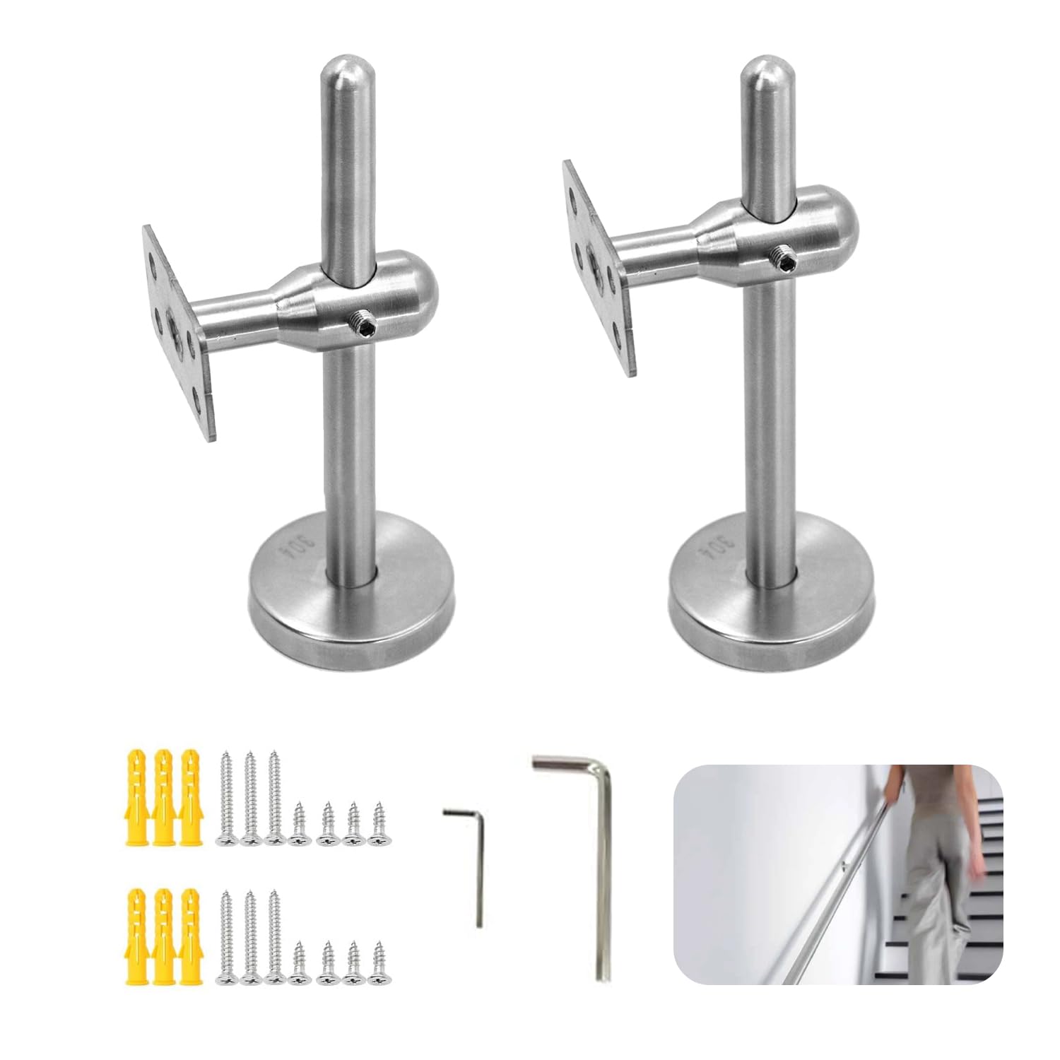 HMLFDC Stainless Steel Adjustable Handrail Bracket, Pack of 2, Silver, Wall Mount, Handrail Holder, Mounting Bracket