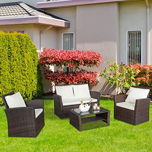 Bonnlo 4PCS Garden Table and Chairs Set, Outdoor Sofa Rattan Garden Furniture Garden Table and Bench Set Conversation Set Rattan Chair (Brown)