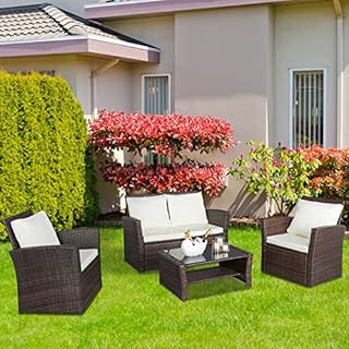 Bonnlo 4PCS Garden Table and Chairs Set, Outdoor Sofa Rattan Garden Furniture Garden Table and Bench Set Conversation Set Rattan Chair (Brown)
