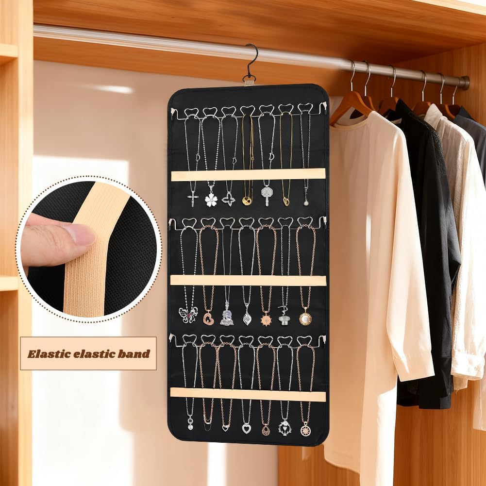 48 Pocket Oxford Fabric Double Sided Hanging Rotating Jewelry Organizer, Bracelet Necklace Jewelry Display Hanger for Closet Door, Earring Dustproof Holder Wall Mount Accessories(Black)