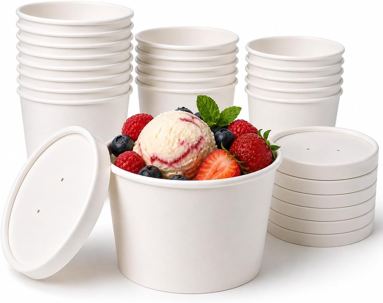Ecolisa 8 oz Paper Ice Cream Cups with Lids, 50 Cups & 50 Lids, Leak-Resistant Kraft Food Containers, Microwave & Freezer Safe for Ice Cream, Yogurt, Desserts, Soup & Takeout