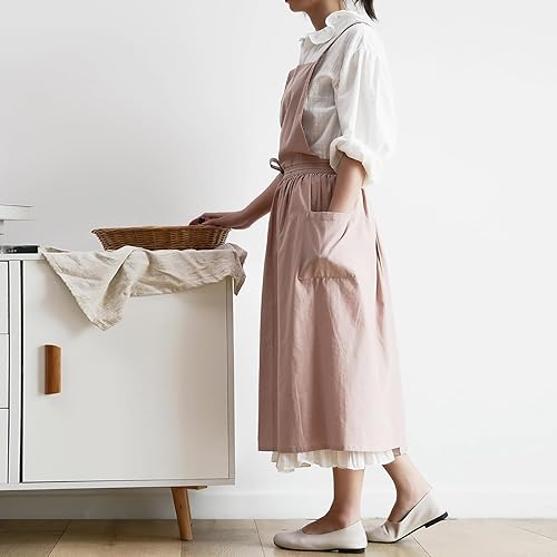 Miniatura 9 de OBEEII Delantal de lino de algodón para mujeres y niñas, vintage, para hornear, cocinar, jardinería, trabajo, delantal, vestido con bolsillos