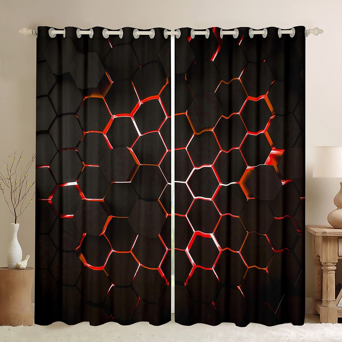 Homemissing Honeycomb Curtains for Bedroom Geometric Hexagon Window Treatment Red Ultra Soft Decor Window Drapes Geometrical Window Draperies for Kids Adults W52*L90