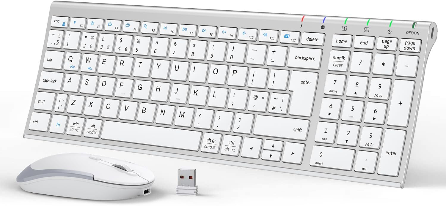 GK03 Wireless Keyboard & Mouse Combo for Mac & Windows, 2.4G Rechargeable Wireless Keyboard Mouse, Silent Keys, Full Size, Portable Slim Ergonomic Design, QWERTY UK Layout, Silver and White