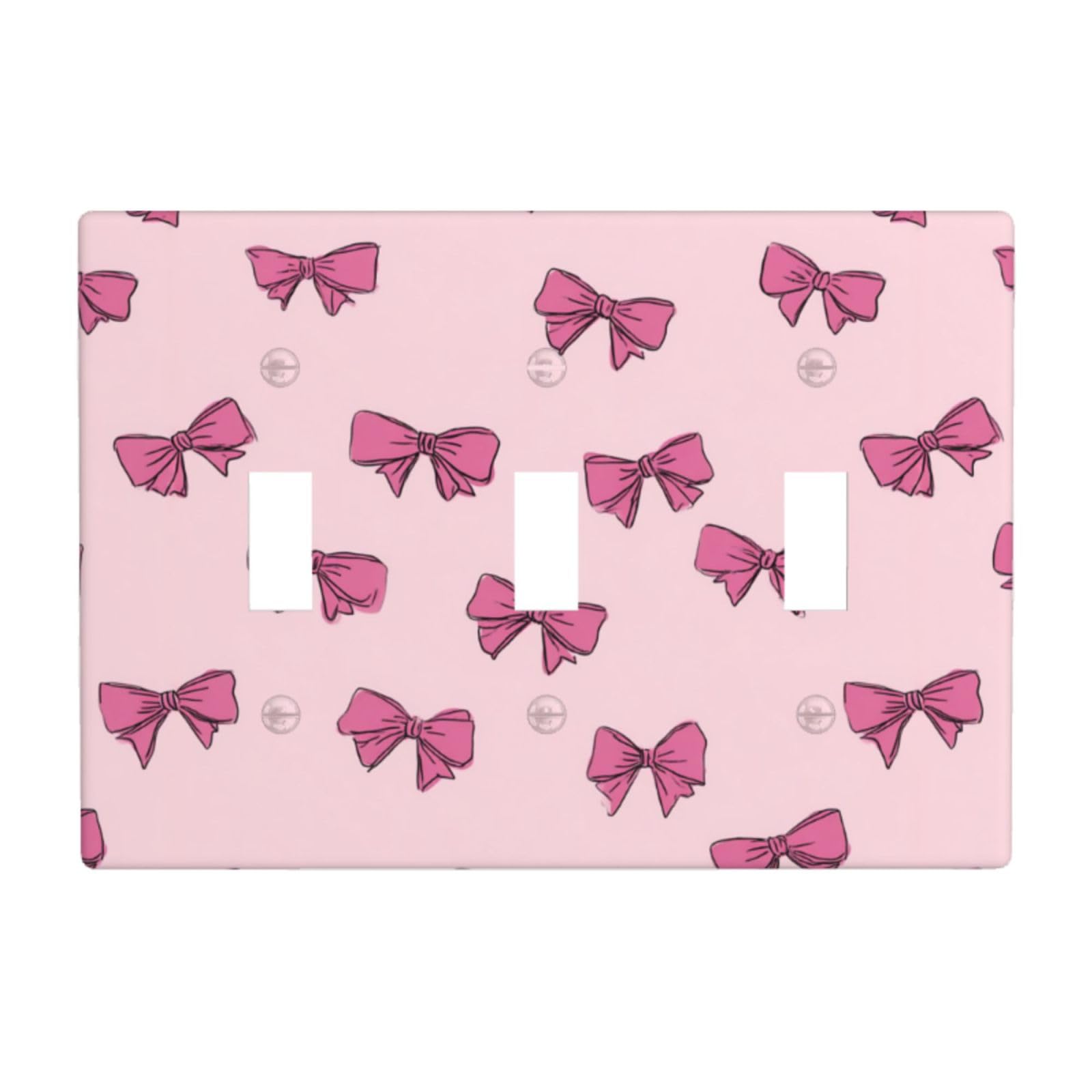 Pink Bow Ribbon Pattern Light Switch Covers 3 Gang Triple Toggle Wall Plate Switchplate Electrical Faceplate for Bathroom Kitchen Bedroom Decor