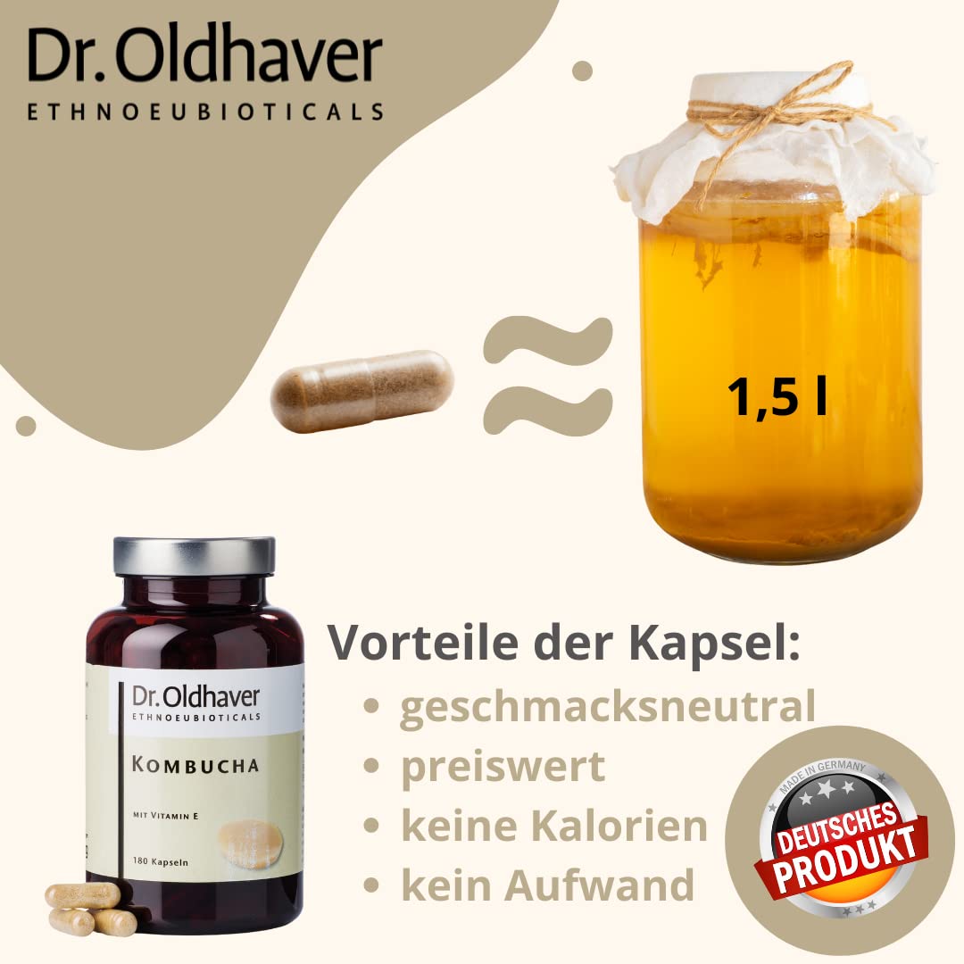 Dr. Oldhaver Kombucha + Vitamin E, Hochwertiger und Hochdosierter Kombuchatee Extrakt, Exzellentes Preis-Leistungsverhältnis, Kombination mit Vitamin E gegen oxidativen Stress, 180 Kapseln