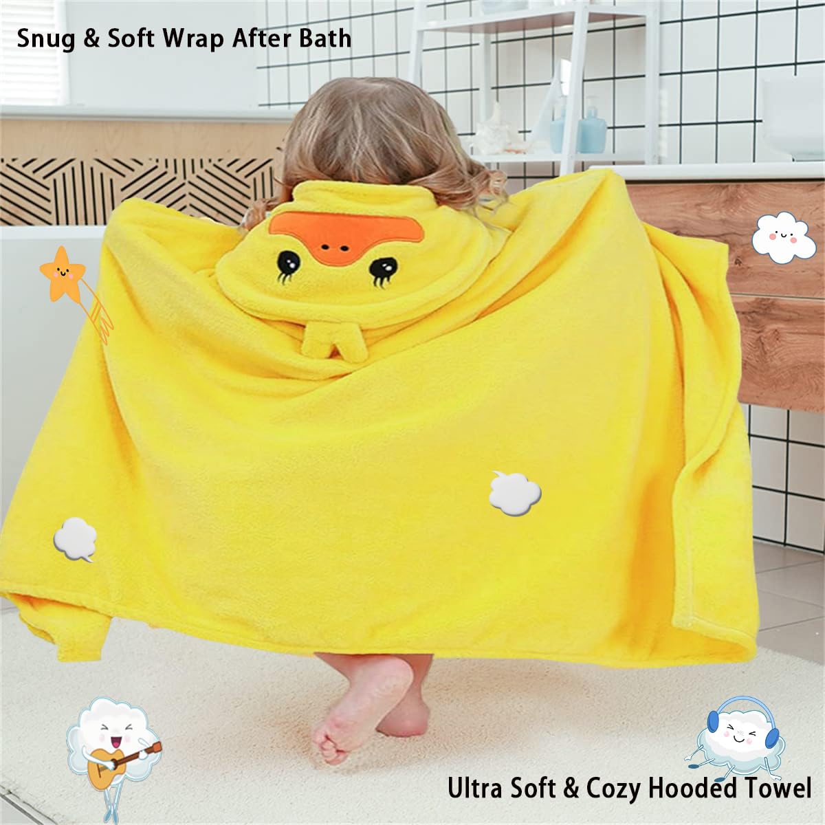 Toalla de baño para niños pequeños, Toallas de bebé con Capucha, 27.5 x 55 Pulgadas, Ultra Absorbente, Suave, Toalla de Ducha para niños y niñas (Pato Amarillo)