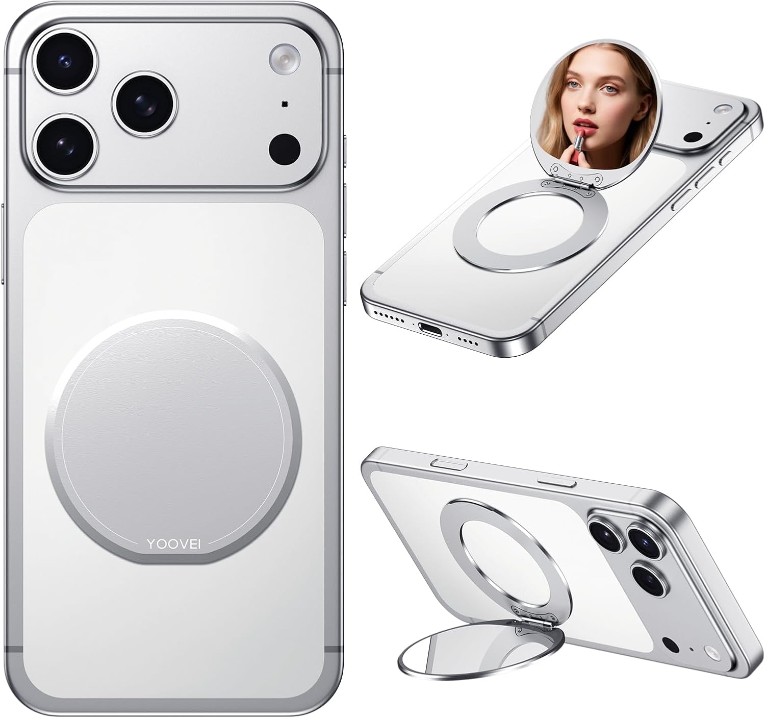 Magnetic Phone Case Stand with Mirror for MagSafe Universal Metal Adjustable Kickstand for iPhone 17/16/15/14 Pro Max Slim Phone Mirror for All Smartphone Used for Women Outdoor Makeup White
