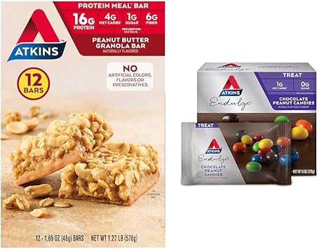 Atkins Peanut Butter Granola Protein Meal Bar, High Fiber, 16g Protein, 1g Sugar, 4g Net Carb & Endulge Chocolate Peanut Candies, Dessert Favorite, 0g Sugar, 20 Counts