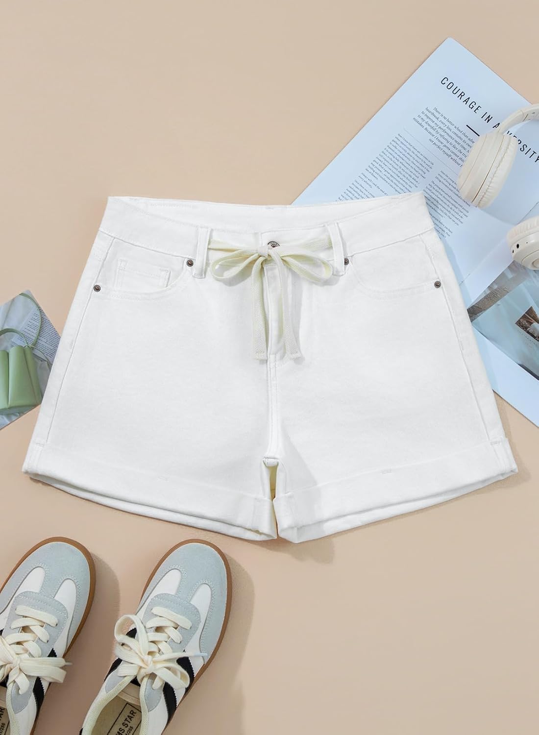 Sidefeel Women's Jean Shorts High Waisted Drawstring Fold Hem Baggy Denim Shorts - Image 7