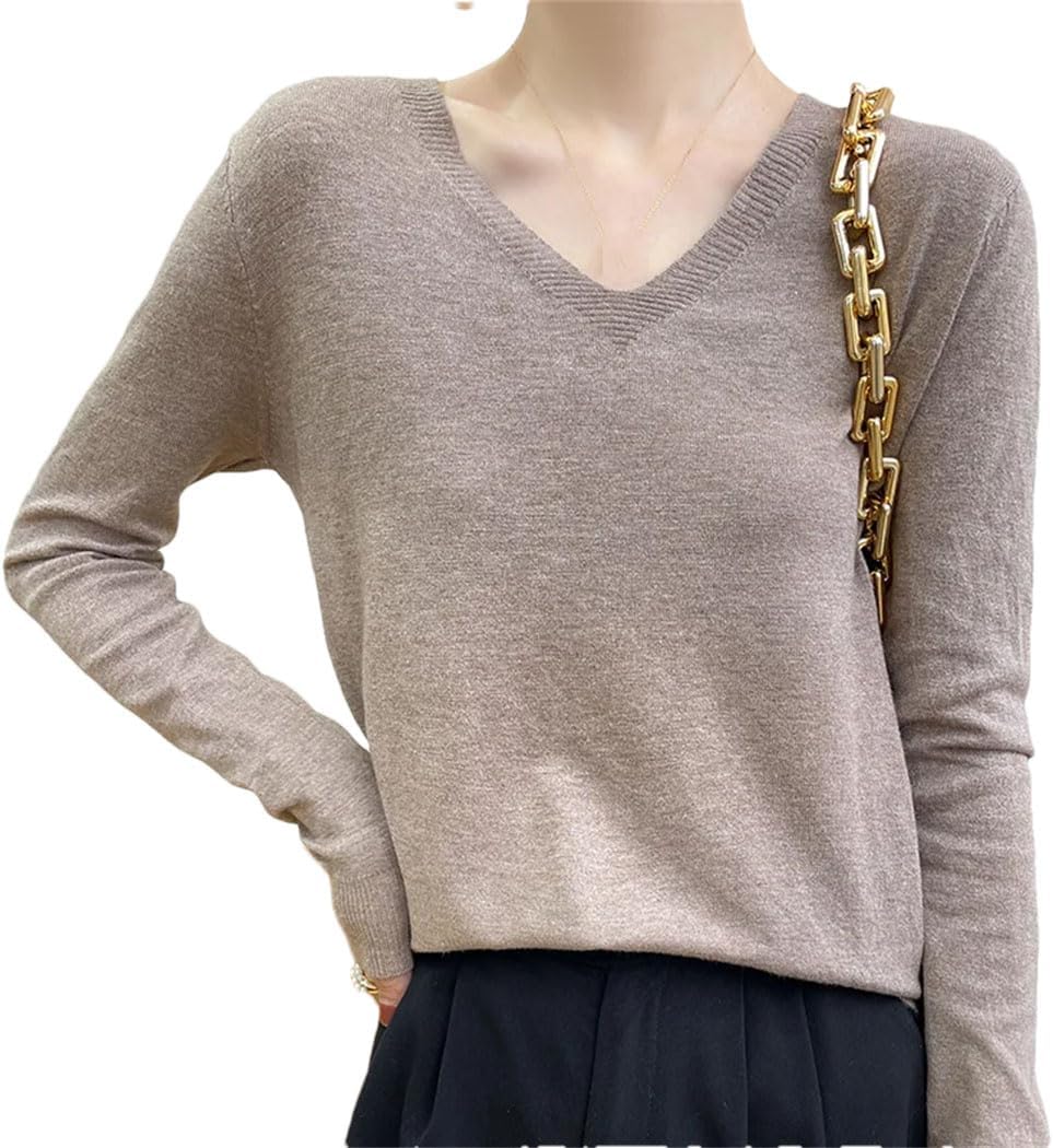 Women's V-Neck Knitted Sweater Long-Sleeved Loose Pullover Spring and Summer Casual Solid Bottoming Shirt