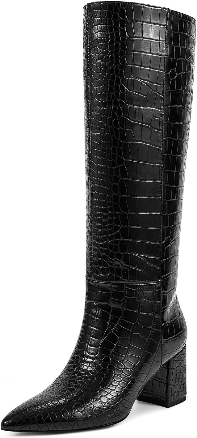 wetkiss Knee High Boots Women Chunky Heel Pointed Toe Tall Pull-On Dress Fashion Fall Long Tall Boot