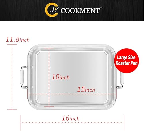 Miniatura 32 de JY COOKMENT Asador con estante para hornear, asador de pavo de acero inoxidable de 16.5 pulgadas con estante, ideal para pavo, pollo, jamón, verduras