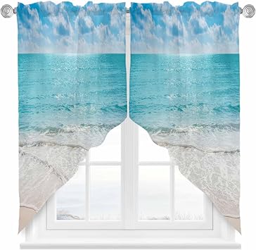 Ocean Blue Swag Curtains Valance For Kitchen Windows,Gradient Beach Coastal Waves Brown Sand Wide Rod Pocket Curtain Drapes,Bedroom Bathroom Cafe Living Room Light Filtering Drapery Panels,56"Wx36"H