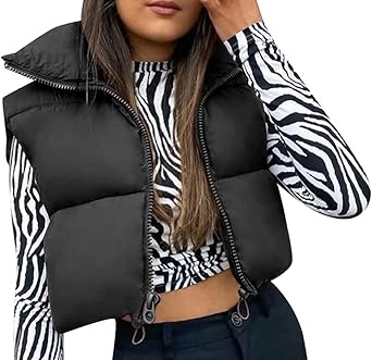 FEOYA Gilet trapuntato da donna, con colletto imbottito, invernale, senza maniche, antivento, con tasche, Nero , M