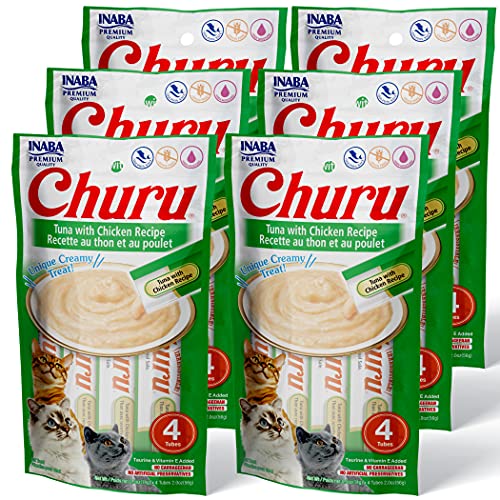 Inaba Churu Cat Treats, Grain-Free, Lickable, Squeezable Creamy Purée Cat Treat/Topper With Vitamin E & Taurine, 0.5 Ounces Each Tube, 24 Tubes (4 Per Pack), Tuna With Chicken Recipe #TOP9
