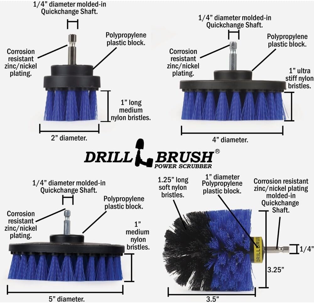 Drillbrush Boat Hull Cleaner Set/Swimming Pool Accessories - Cleaning Drill Brushes for Vinyl Liners - Hot Tubs and Spas Cleaning Brush Kit - Pool Cover Scrubber - Rotary Brushes for Walls and Deck