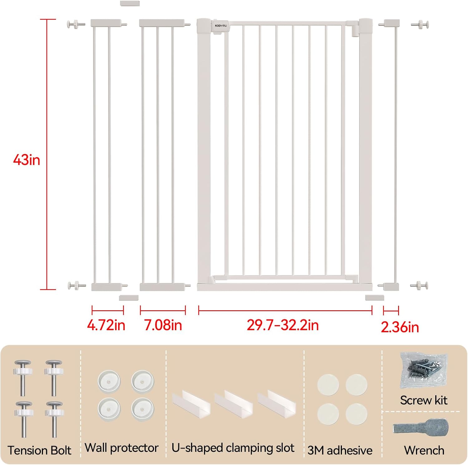 43 inch Tall Safety Dog Gate Adjustable 29.7-45.2 inch Extra-Wide Metal Pet Gate Drill-Free Pressure-Mount Installation kit Self-Closing Cat Gate for Stairwells、Doorways（White）