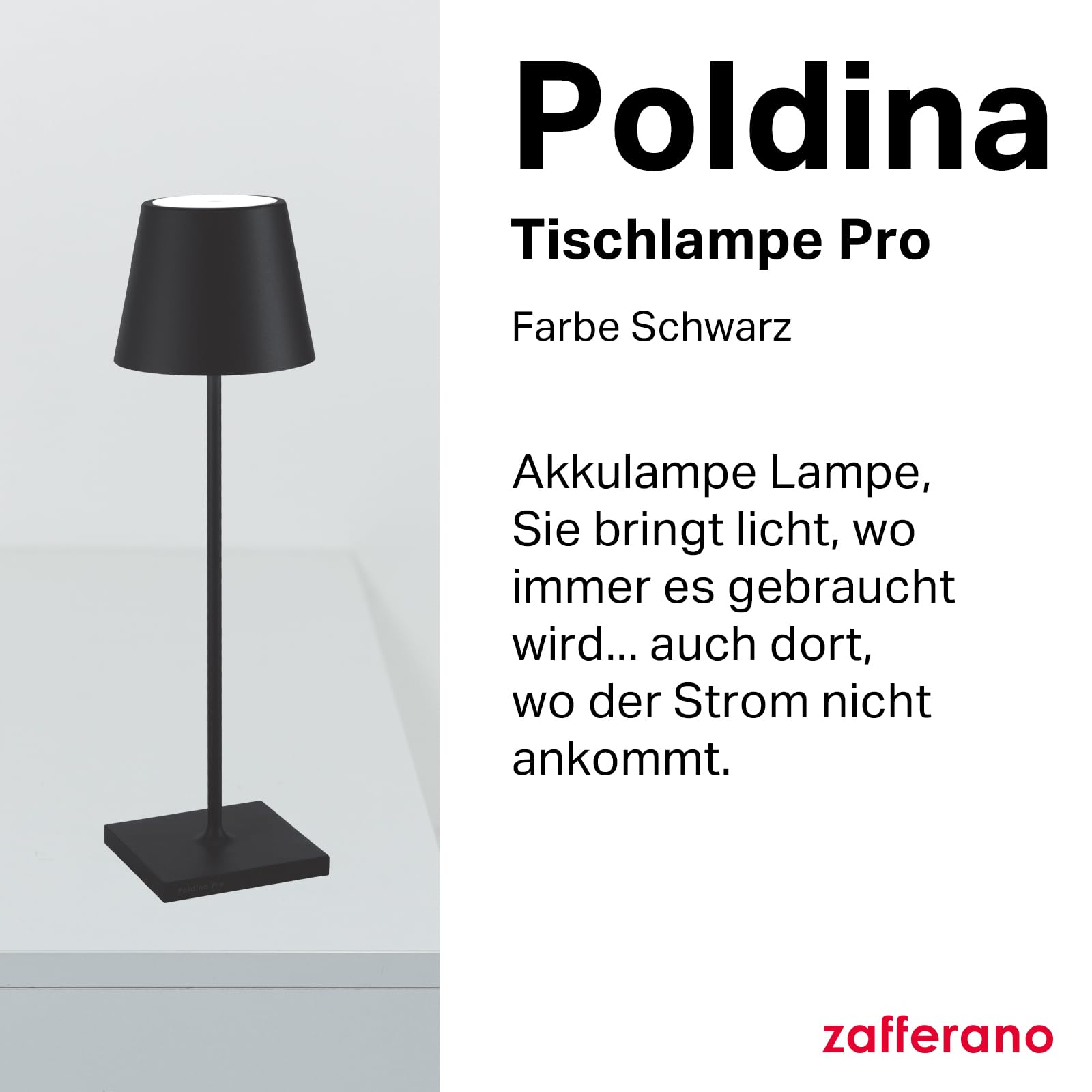 Zafferano, Poldina Pro Lampe, Kabellose, Wiederaufladbare Tischlampe mit Touch Control, Auch für den Außenbereich Geeignet, Dimmer, 2200-3000 K, Höhe 38 cm, Farbe Schwarz