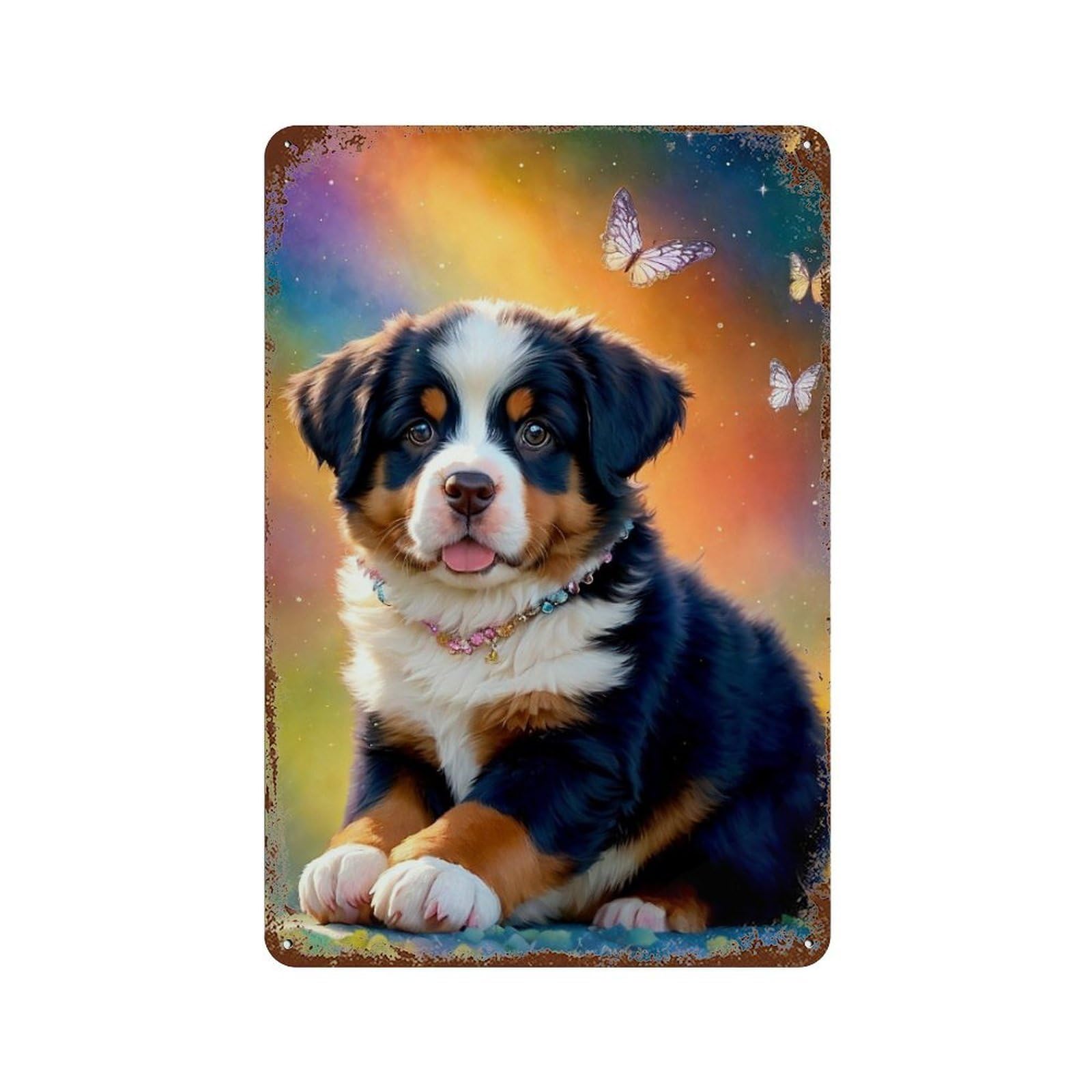 Magical Puppy with Butterflies Rusty Metal Tin Sign 11.8"x7.9", Vintage Wall Decor for Garage, Pub Or Kitchen
