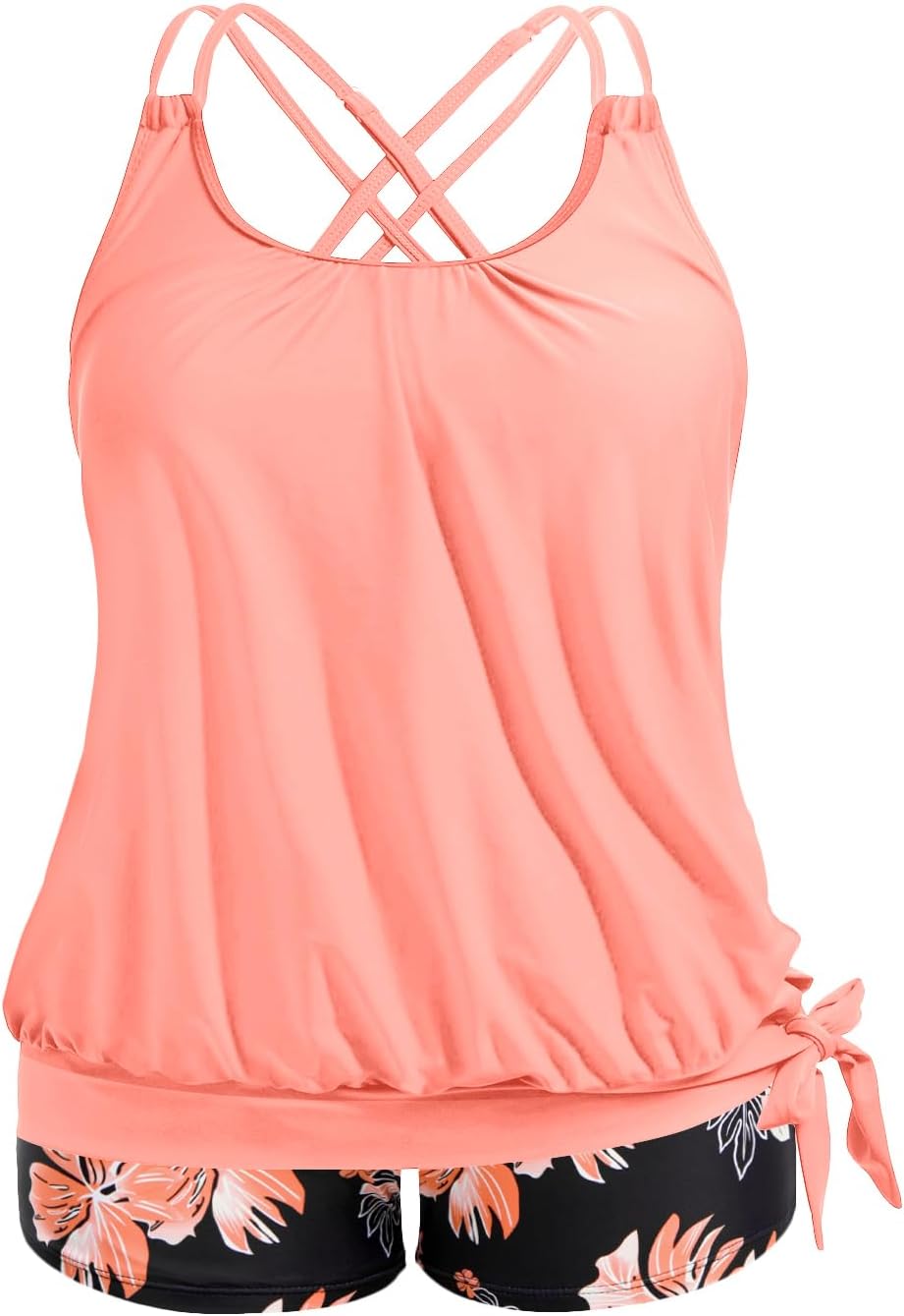 Holipick Women Plus Size 2 Piece Tankini Swimsuit Tummy Control Blouson Bathing Suits Thin Strap Tank Top with Boy Shorts