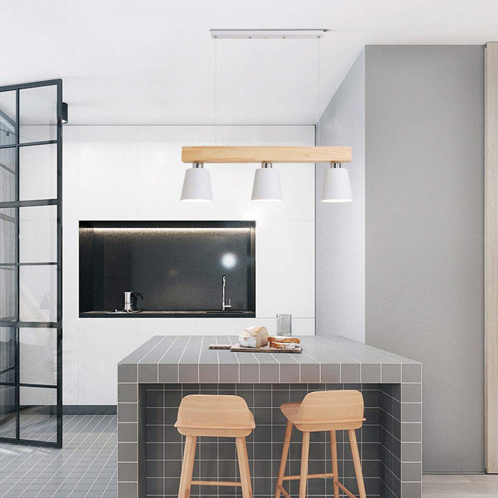 GBLY Lámpara colgante LED mesa de comedor madera 3 llamas blanco cálido | lámpara de mesa de comedor ajustable en altura para comedor sala de estar restaurante de oficina blanco, E27 iluminante incl.