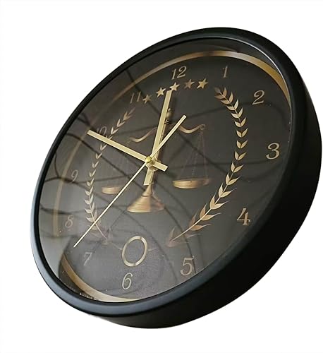 Miniatura 8 de Scale of Justice - Reloj redondo con marco de metal, funciona con pilas, de cuarzo, sin tictac, marco de aluminio negro, reloj de pared para