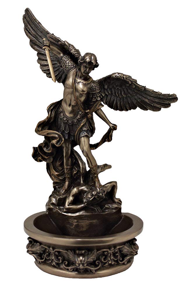 CatholicStore 8" St. Michael Holy Water Font, Cold Cast Bronze Resin, Stands or Hangs