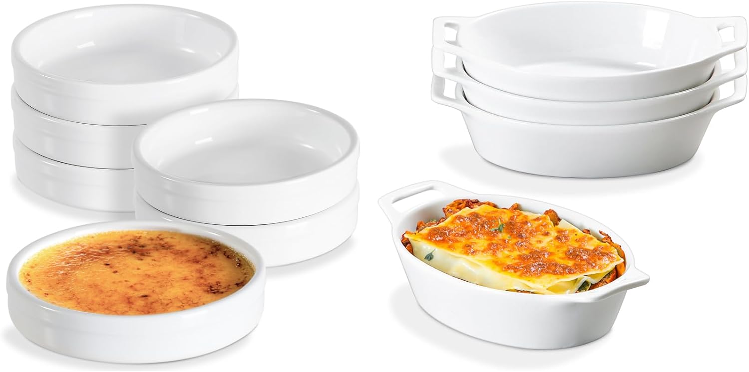 Set of 6 Ramekins 4 oz & Set of 4 Au Gratin Baking Dishes - Versatile Porcelain Oven Safe Bakeware, Perfect for Soufflés, Crème Brûlée, Custards, Pies, and Desserts, Sturdy and Easy to Clean