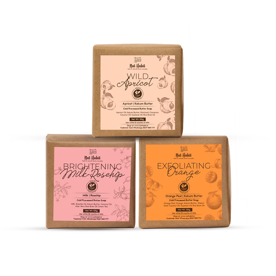 Nat Habit Orange, Milk Rosehip & Apricot Soap Combo for Women & Men, with Vit C for Body Acne, Pimple & Oil Control | Impr...