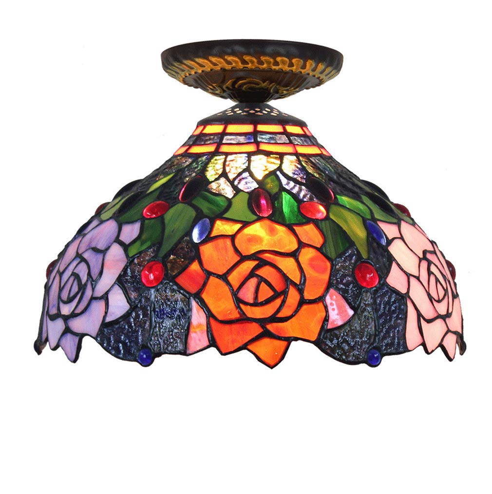 YNIYUJKL Vintage Rose Ceiling Lights Tiffany-Style Ceiling Lamp 12-Inch Stained Glass Ceiling Lamps For Living Room Corridor Ceiling Light Decor Light, E27