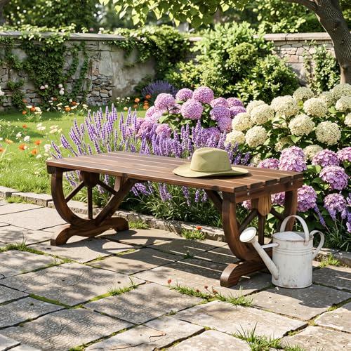 Image of VINGLI Rustic Wooden Wheel Bench Outdoor Bench, Patio Bench Wagon Slatted Seat, Garden Benches for Outdoors 350lbs High Capacity, Weather Resistance (Rustic, 38in)