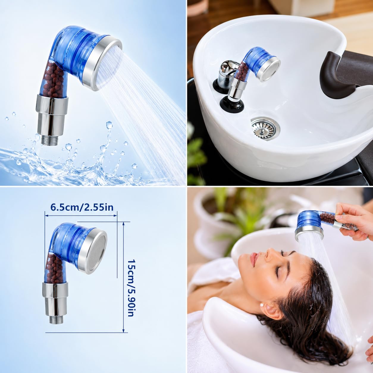 Champú tazón cabezal de spray con filtro, cabezal de pulverización de 3 funciones, ahorro de agua a alta presión, filtros para cabello seco y encrespamiento