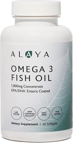 Alaya Naturals - Aceite de pescado Omega 3, 1000 mcg, 60 cápsulas blandas, sin OMG, sin regusto a pescado