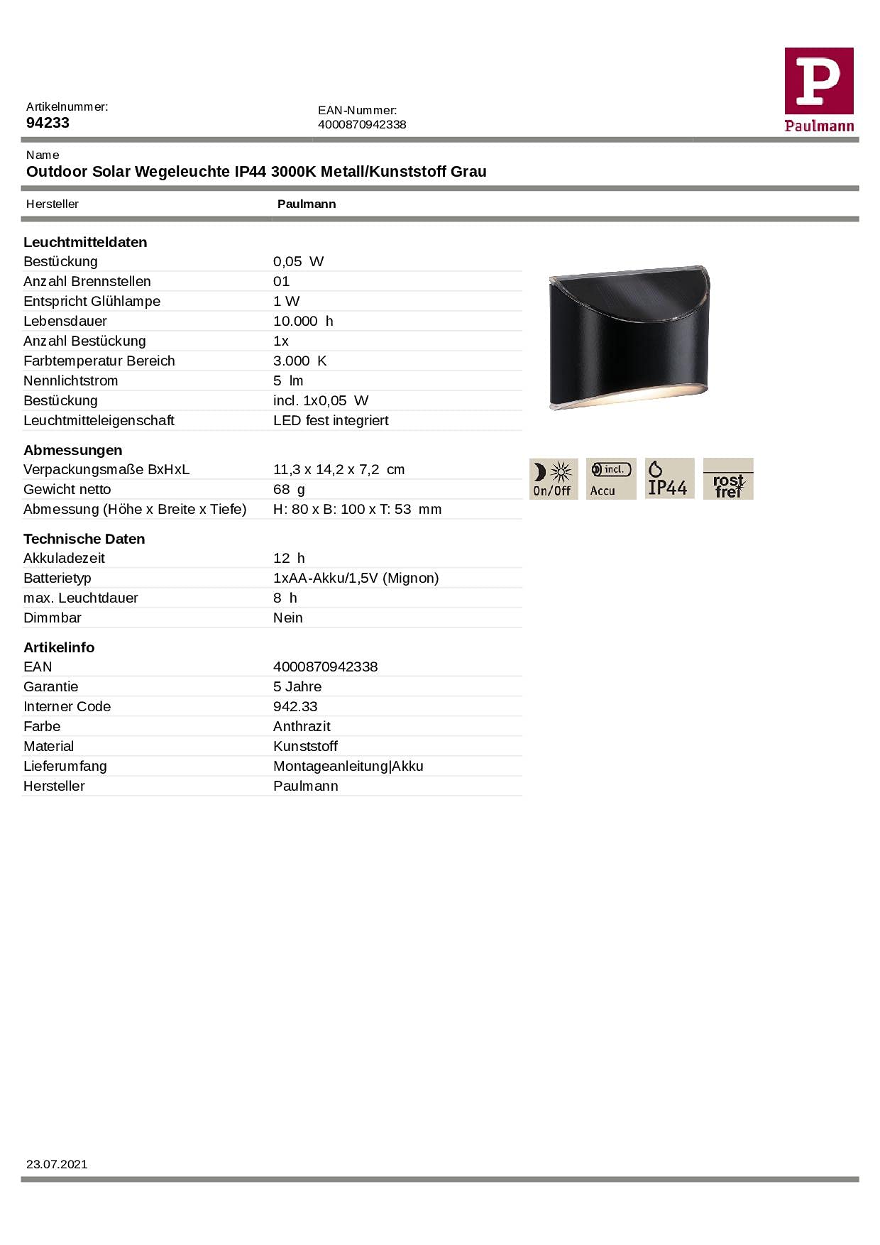 Paulmann 94233 Solar oprawa LED do drogi oprawa zewnętrzna w kompl. incl 1x0,05 W antracyt tw. sztuczne 3000 K ciepłobiała