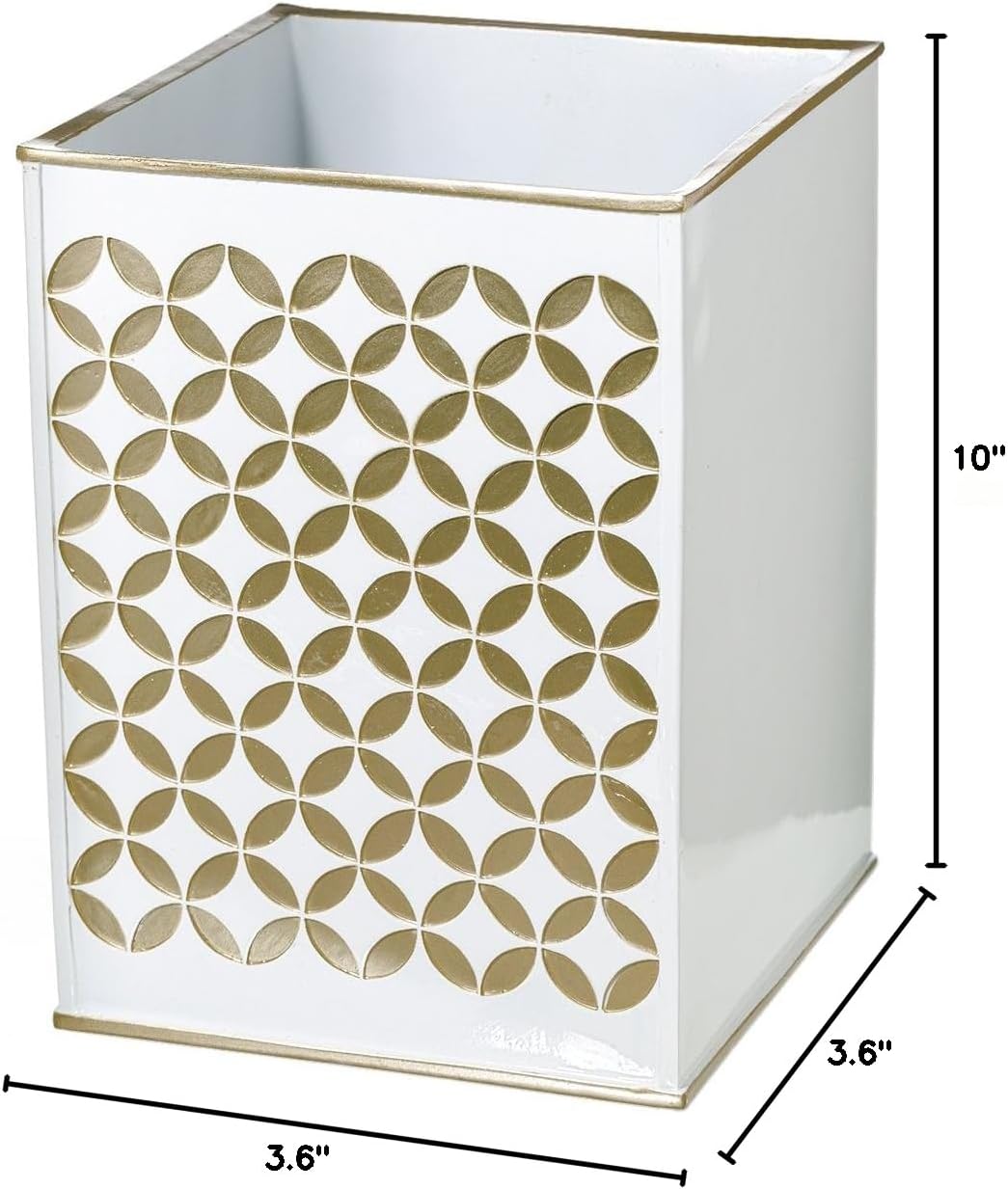 Creative Scents Diamond Lattice Small Bathroom Trash Can 1.45 Gal / 5.5L - Decorative Square Waste Basket for Bathroom - Durable White and Gold Waste Basket - Space Friendly Bath Dustbin