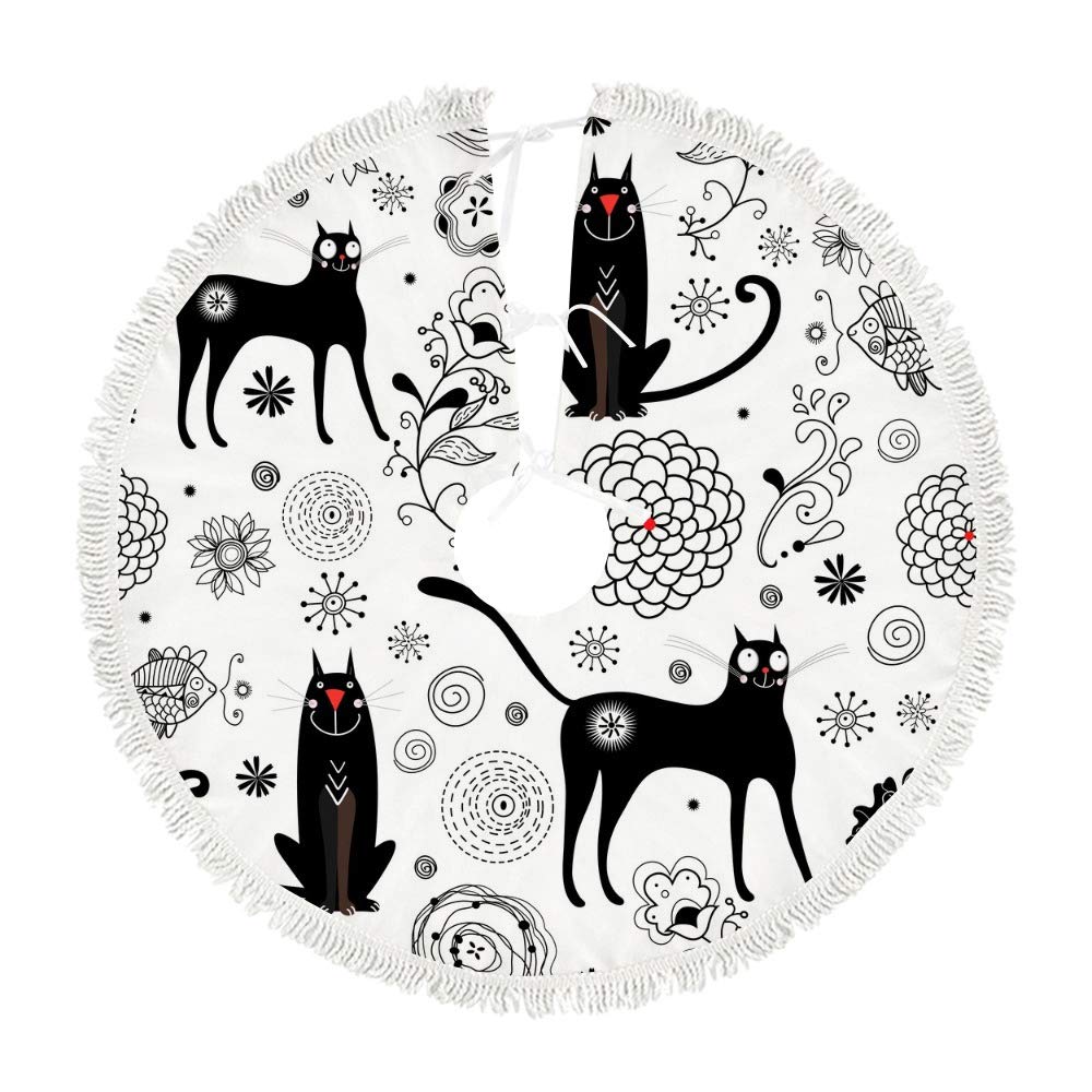 Tapis de sapin de Noël extérieur et intérieur : jupe de sapin motif chat noir