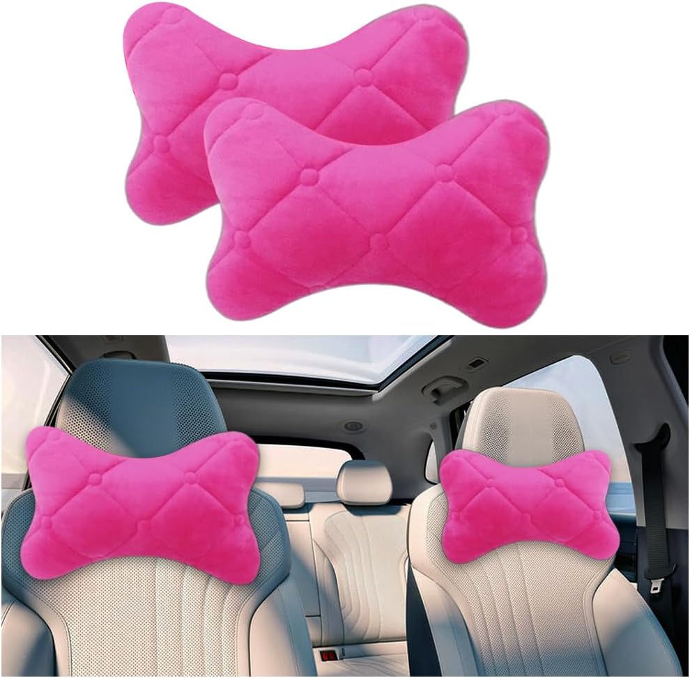 BESULEN 2PCS Car Headrest Pillow, Comfortable Driving Vehicle Neck Pillow Cushion with Adjustable Strap, Soft Automotive Interior Head Rest Pad, Universal for SUV Motorhome Truck (Pink)