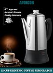 APOXCON 12 Percolateur de café électrique avec ETL Agrément Machine à café en acier inoxydable avec Knob en verre résistant à la chaleur Classic Look Cord-moins Sever