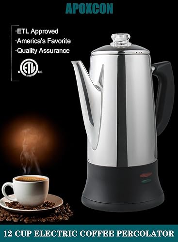 Miniatura 9 de Electric Coffee Percolator Stainless Steel Coffee Maker with Two Heat Resistant Tough Glass Clear Brew Progress Knob Classic Look Keep Warm & Acero