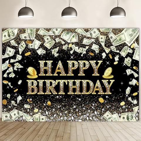 Renaiss 7x5ft Dollar Bill Birthday Backdrop Dollar Coins Diamonds Glittering Black Gold Money Birthday Photography Background Billions Theme Money Casino Birthday Party Banner Photo Booth Props Cover