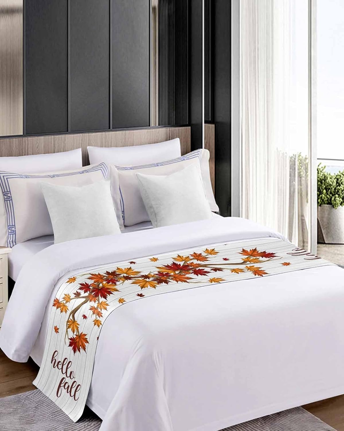 DecorLovee Maple Leaves Fall Bed Runners for Cal King Size Bed, Decorative Bed Throws for Foot of Bed, Thanksgiving Botanical Branches Wooden Bed Runner Sofa Throw Bedding Scarf Protector for Bedroom
